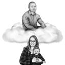 Portret memorial al familiei desenat manual în stil alb-negru din fotografii