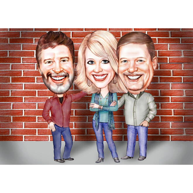 Three Persons Full Body High Caricature Cartoon Portrait with Simple Background