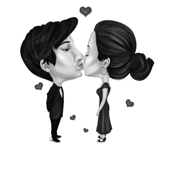 Párová polibková karikatura ve vtipném přehnaném černobílém stylu z fotografií