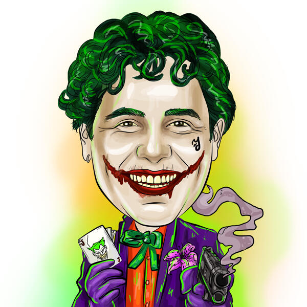Joker karikatyr håller kort och pistol