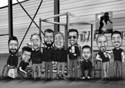 Retrato caricatural em preto e branco de corpo inteiro dos padrinhos