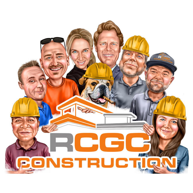 Gruppbyggnadsarbetare Karikatyr i färgstil med företagslogotyp