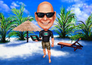 Caricatura de vacaciones personalizada con fondo de chiringuito