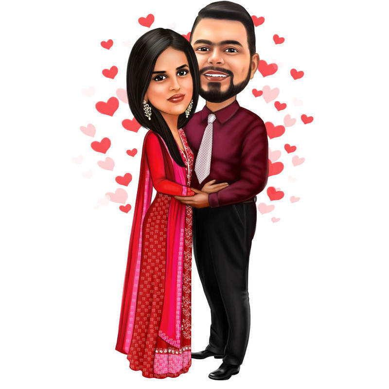 Romantic Indian Couple Valentine's Day Cartoon Portrait from Photos