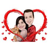 Couple with Cat in Hearted Color Style Caricature from Photos