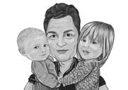 Caricatura en blanco y negro de padre con hijas