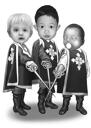 Helkroppsteckning för barngrupp i svart och vitt