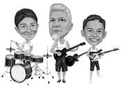 Musikprestandagrupp tecknad porträtt i svartvit stil