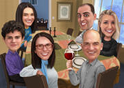 Pateicības dienas atkalapvienošanās ģimenes karikatūra krāsainā karikatūra ar pielāgotu fonu