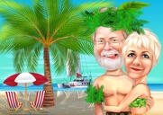 Забавная карикатура отпускной пары на фоне морского пляжа из фотографий