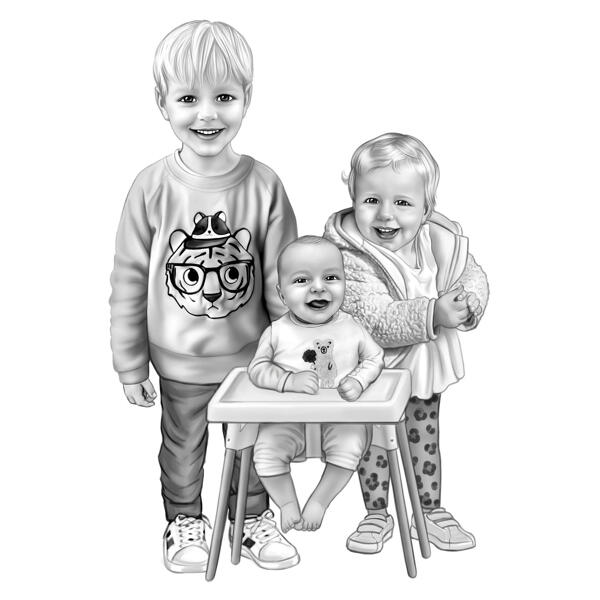 Gruppo di bambini a corpo intero che disegna in bianco e nero