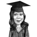 Přehnaná karikatura absolventa v černobílém stylu z fotografií