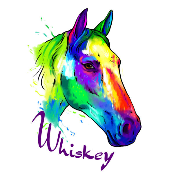 Hästkarikatyrporträtt från foton i Neon Rainbow akvarellstil