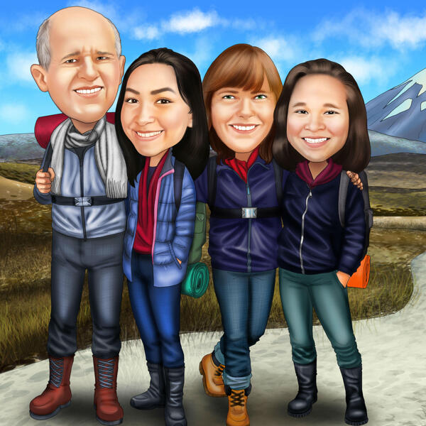 Caricature de famille en randonnée