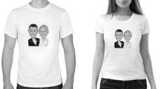T-shirt stampata caricatura di coppia in stile bianco e nero