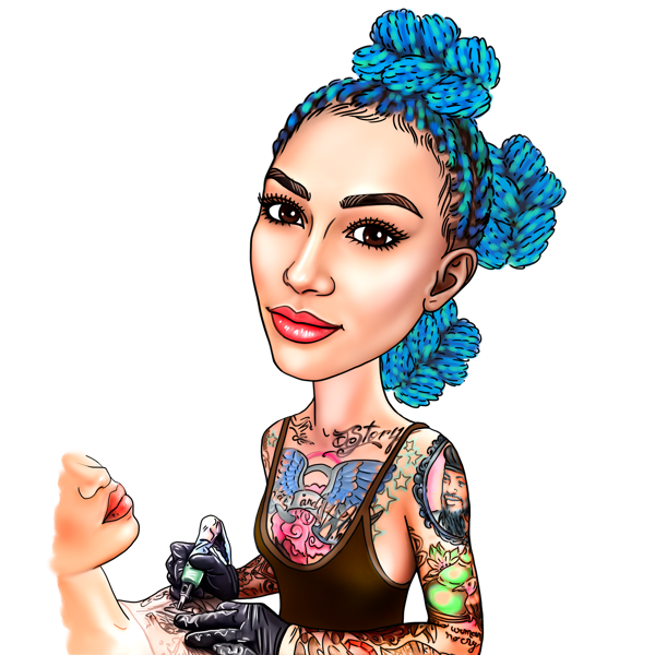 Caricatura di tatuatrice femminile in stile colorato