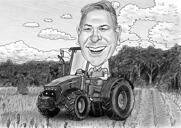 Черно-белая карикатура на фермера - мужчина на тракторе с индивидуальным фоном из фотографии