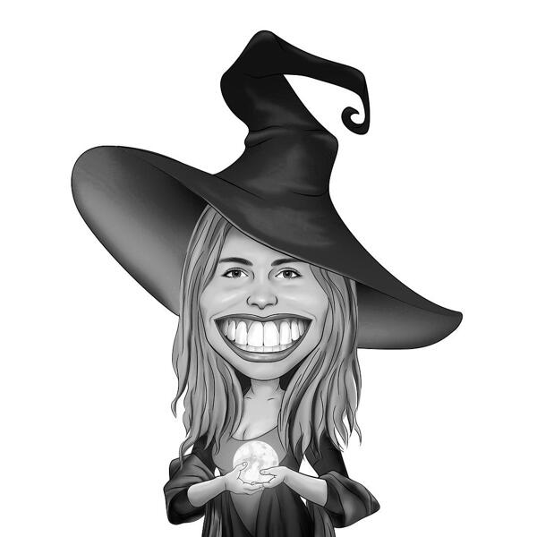 Desenho de caricatura de bruxa em preto e branco