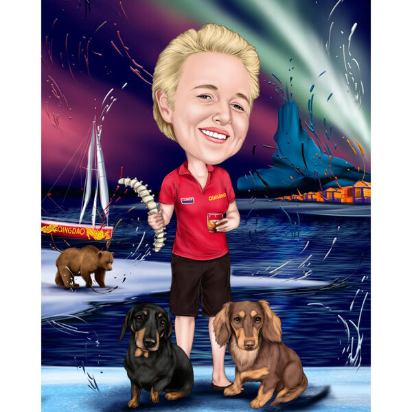 Person with Dogs Caricature Painting in Colored Style on Arctic Custom Background