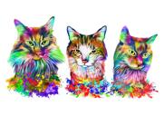Akvarel Katte Portrættegning i Pastelfarver fra Fotos