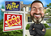 Desenho de caricatura de corretor imobiliário com informações comerciais