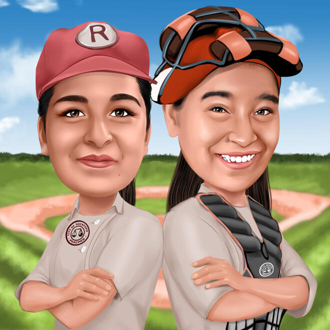 Caricatura de dibujos animados de béisbol de dos personas en estilo de color  con fondo personalizado