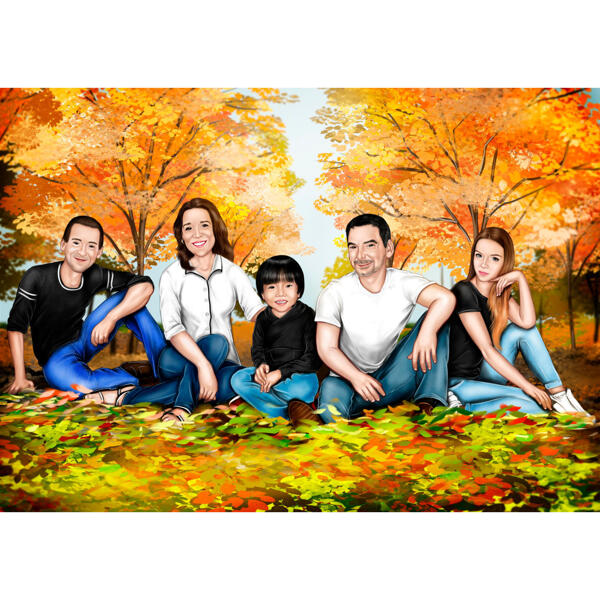 Семейный мультяшный портрет в полный рост на осеннем фоне