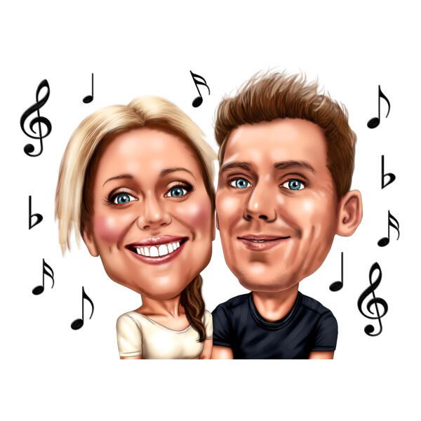 Music Lovers Couple Caricature from Photo in Humorous Exaggerated Style