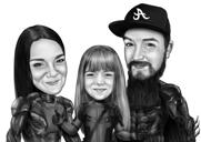 Paar mit Baby-Portrait-Karikatur von Fotos im Schwarz-Weiß-Stil
