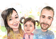 Färgad karikatyr: Familj i naturlig akvarellstil