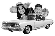 Famiglia in caricatura in stile bianco e nero del veicolo dalle foto