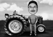 Schwarz-Weiß-Bauer-Karikatur - Mann auf Traktor mit benutzerdefiniertem Hintergrund von Foto