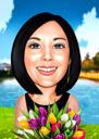 Färgad stil kvinnodagen tecknad karikatyr porträtt gåva håller vildblommor bukett
