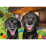Två labradorer tecknade porträtt i trädgården med leksaker