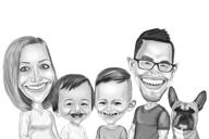 Family with Pet Cartoon Portrait in Black and White Style from Photos