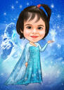 Lumikuningatar-tytön karikatyyri värilliseen tyyliin valokuvista mukautetulla taustalla