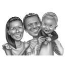 Couple with Baby Portrait Caricature from Photos Drawn in Black and White Style