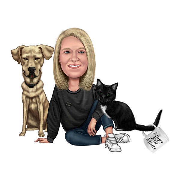 Karikaturtegning af ejer med hund og kat i helkropsfarvet stil til kæledyrselskere