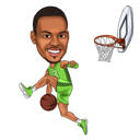 Giocatore di basket a corpo intero con caricatura di canestro