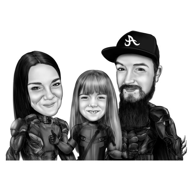 Cuplu cu un copil al familiei Portret de desene animate cu supererou în stil alb-negru