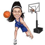 Karikatur af kvindelig basketballspiller i spillets øjeblik