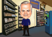 Caricatura coloreada de vendedor personalizado de fotos con fondo de tienda