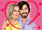Romantiska pāris karikatūra uz plakāta ar sarkanu sirdi