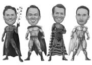 Opera d'arte della caricatura del gruppo di supereroi di uomini dalle foto in stile di disegno in bianco e nero