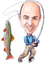 Caricatura de pescador em fotos com fundo colorido