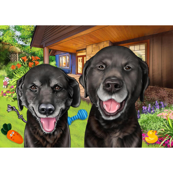 Portrait de dessin animé de deux labradors dans la cour avec des jouets