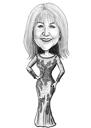 Long Dress Woman Caricature Drawing in Black and White Style from Photo