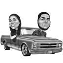 Couple in Pickup Truck Black and White Style Cartoon from Photos