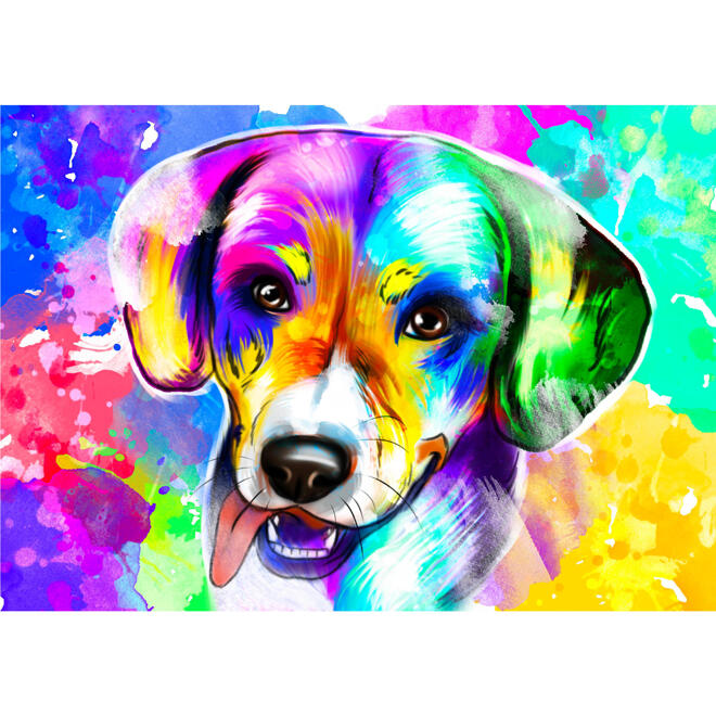 Карикатура портрета собаки породы бигль в акварельном стиле с ярким фоном