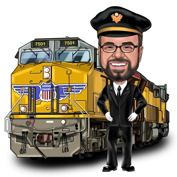Karikatura strojvůdce lokomotivy